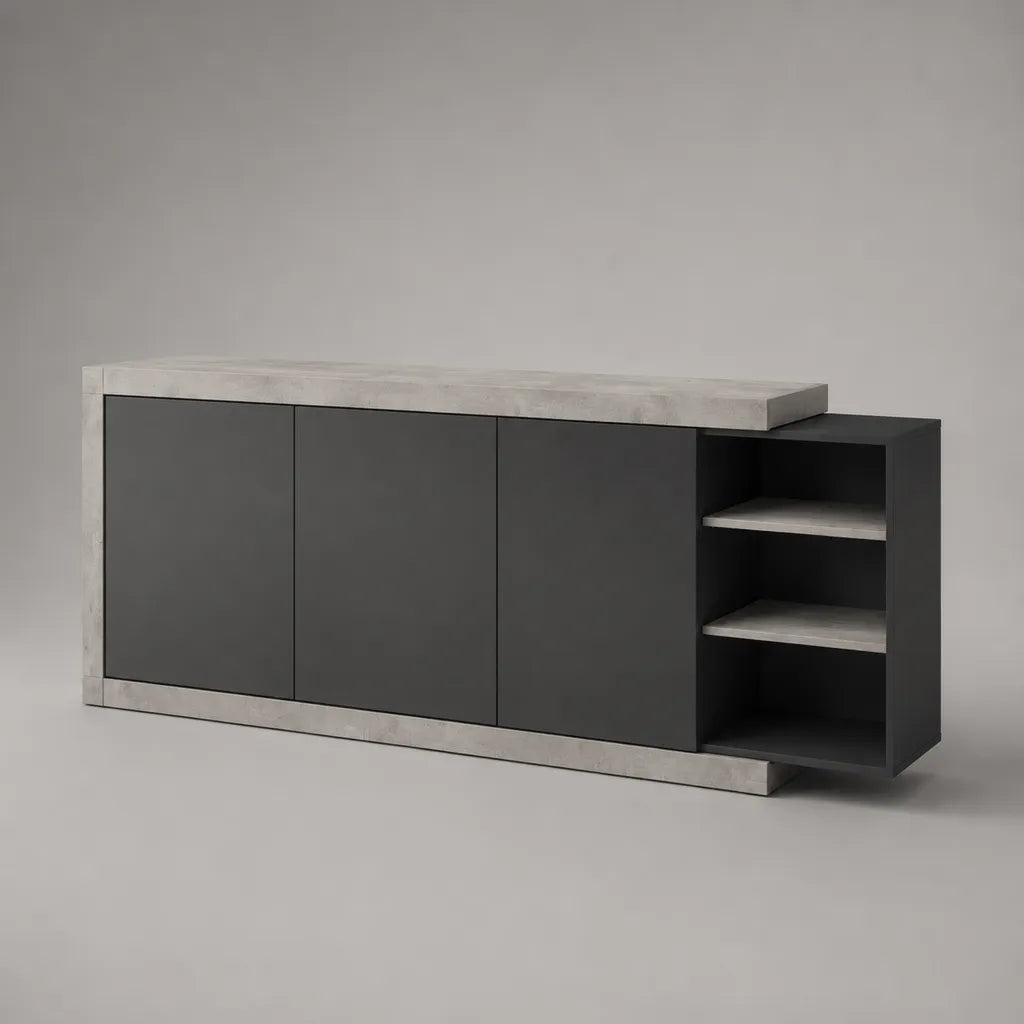 Rechteckiges Sideboard aus melaminbeschichteter Spanplatte mit 3 Türen und 3 offenen Fächern, Anthrazit und Betongrau, 180 × 40 × 80 cm