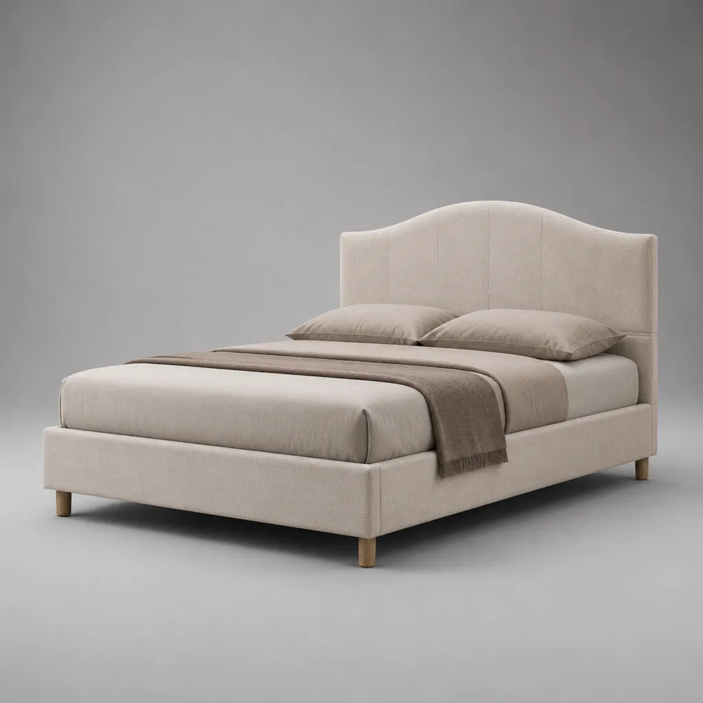 Polsterbett Doppelbett mit geschwungenem Kopfteil, Polyester in Leinenoptik, Beige/Naturfarben, Liegefläche 160 x 200 cm, Gesamtmaß 218 x 178 x 120 cm
