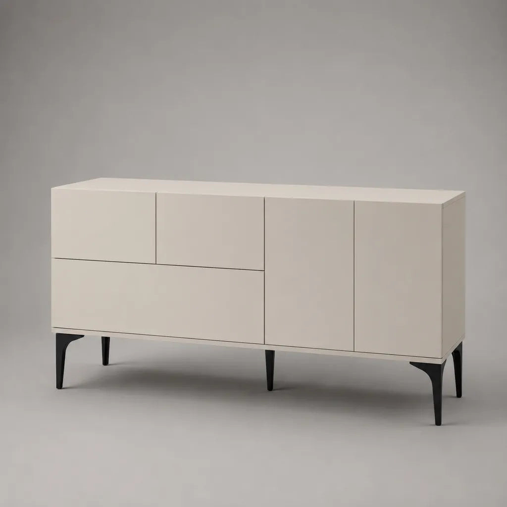 Sideboard aus MDF und Stahl mit 2 Türen und 3 Schubladen, Cremeweiß/Schwarz, 160 × 40 × 85 cm