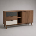 Sideboard aus MDF mit Walnussfurnier, 3 Schubladen, 2 Türen und 2 offenen Fächern, Walnussbraun, Dunkelgrau und Weiß, 160 × 40 × 82 cm