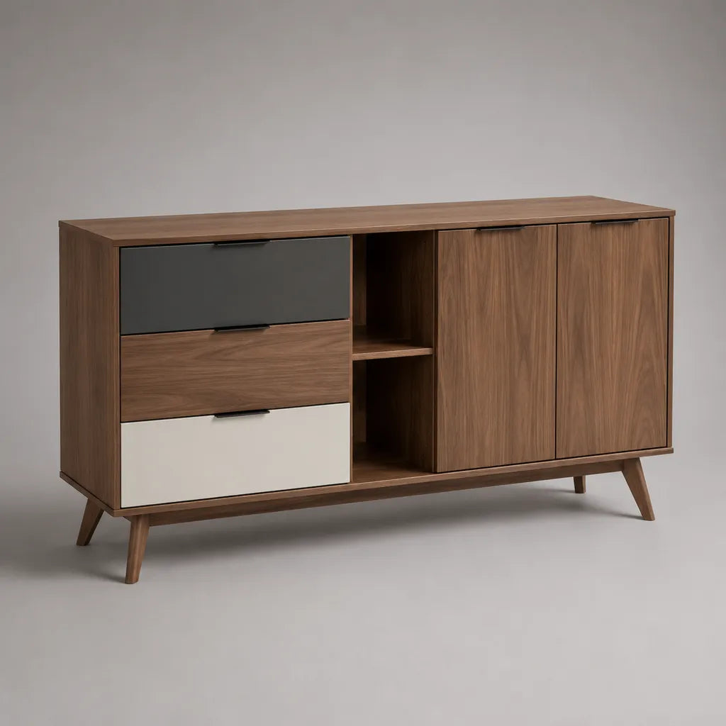 Sideboard aus MDF mit Walnussfurnier, 3 Schubladen, 2 Türen und 2 offenen Fächern, Walnussbraun, Dunkelgrau und Weiß, 160 × 40 × 82 cm