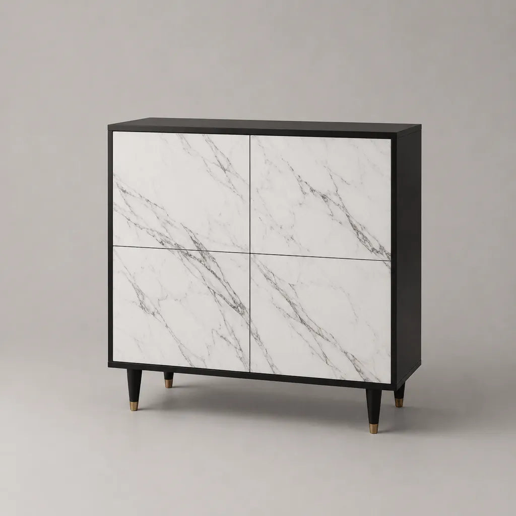 Sideboard mit 4 Türen aus Spanplatte und MDF in Marmoroptik, Schwarz/Weiß/Grau/Goldfarben, 100 × 35 × 100 cm