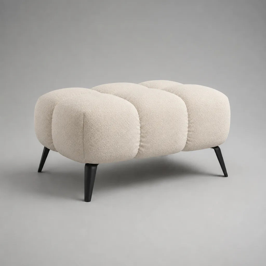 Rechteckiger Fußhocker mit Polyester-Bouclébezug und Stahlbeinen, Creme und Schwarz, 80 × 55 × 45 cm