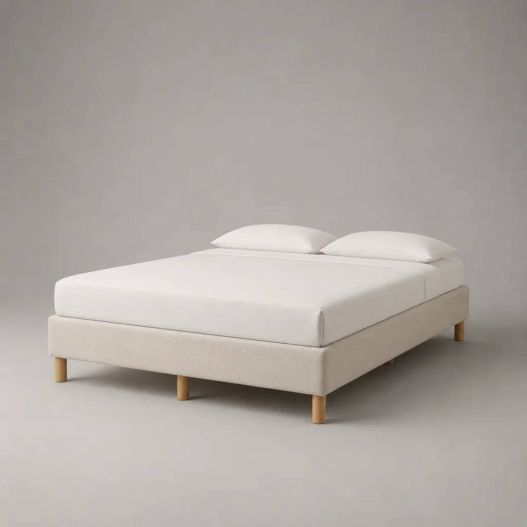 Polsterbett ohne Kopfteil, Bettgestell 160 x 200 cm aus Holz mit Polyesterbezug, Beige/Naturfarben