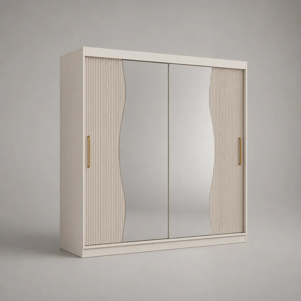 Schwebetürenschrank mit Spiegel und 4 Türfeldern, Holzwerkstoff, MDF, Aluminium, Cremeweiß/Goldfarben/Silberfarben, 200 × 60 × 210 cm