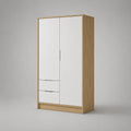 Kleiderschrank mit 2 Drehtüren und 2 Schubladen aus melaminbeschichteter Spanplatte, Weiß und Eiche hell, 100 × 52 × 200 cm