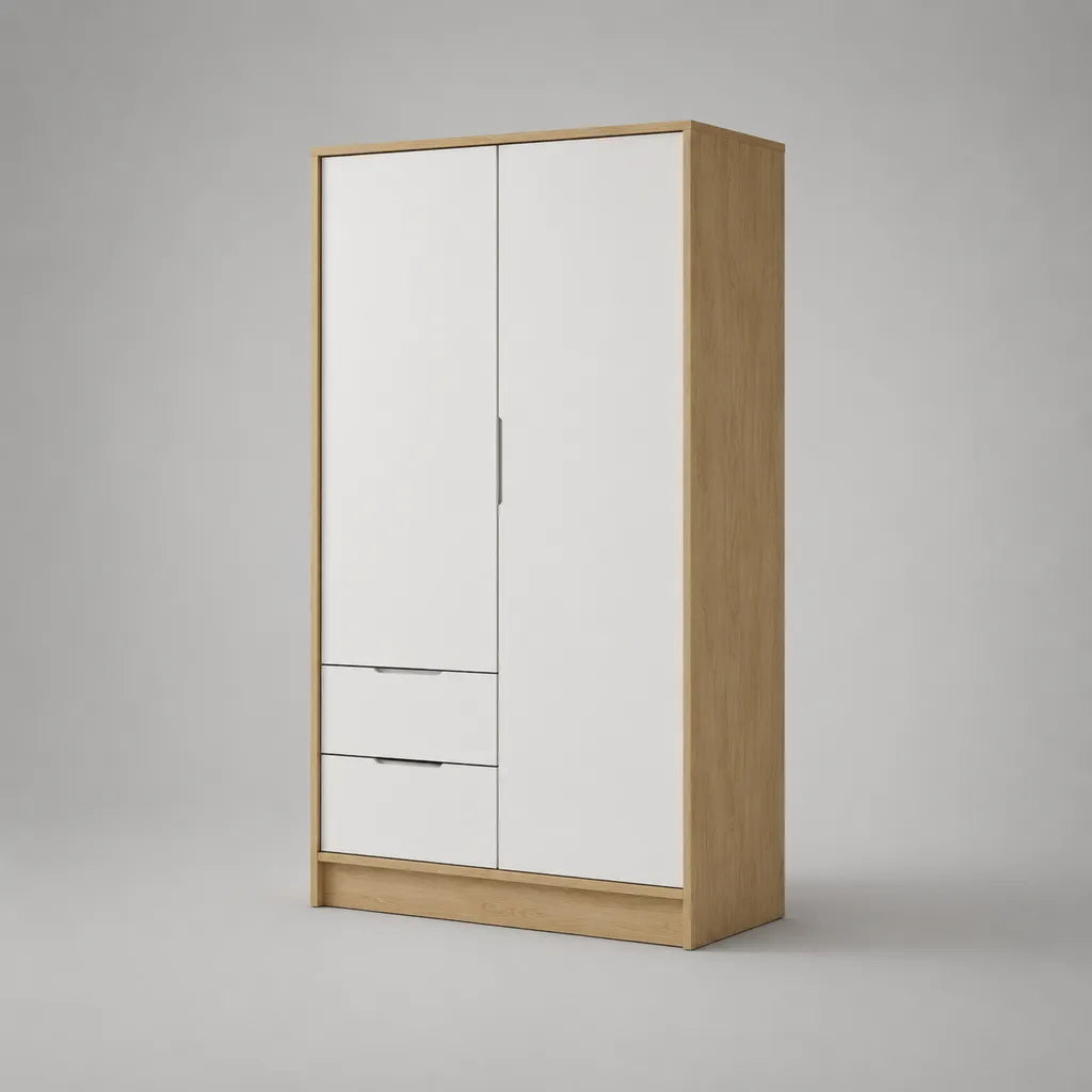Kleiderschrank mit 2 Drehtüren und 2 Schubladen aus melaminbeschichteter Spanplatte, Weiß und Eiche hell, 100 × 52 × 200 cm