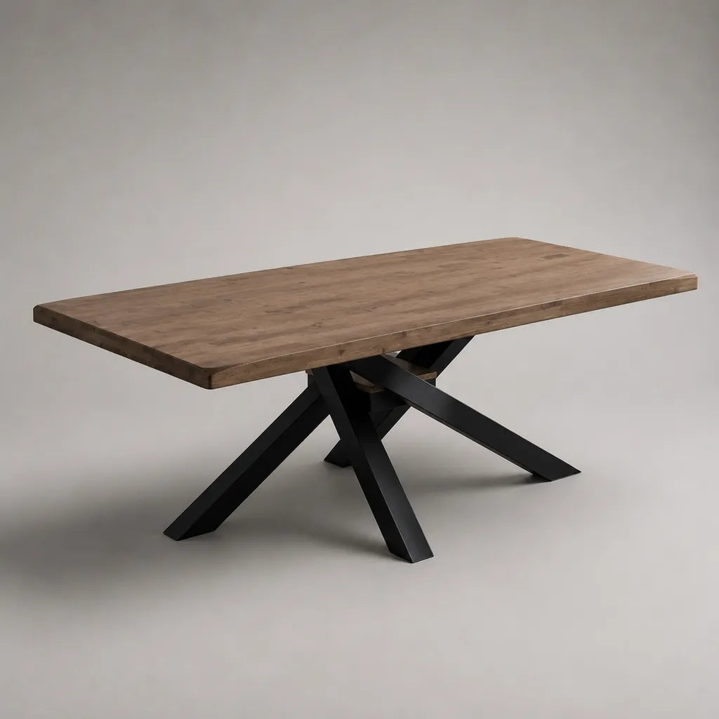Rechteckiger Esstisch aus massivem Akazienholz mit schwarzem Stahlgestell, Braun und Schwarz, 180 × 90 × 76 cm
