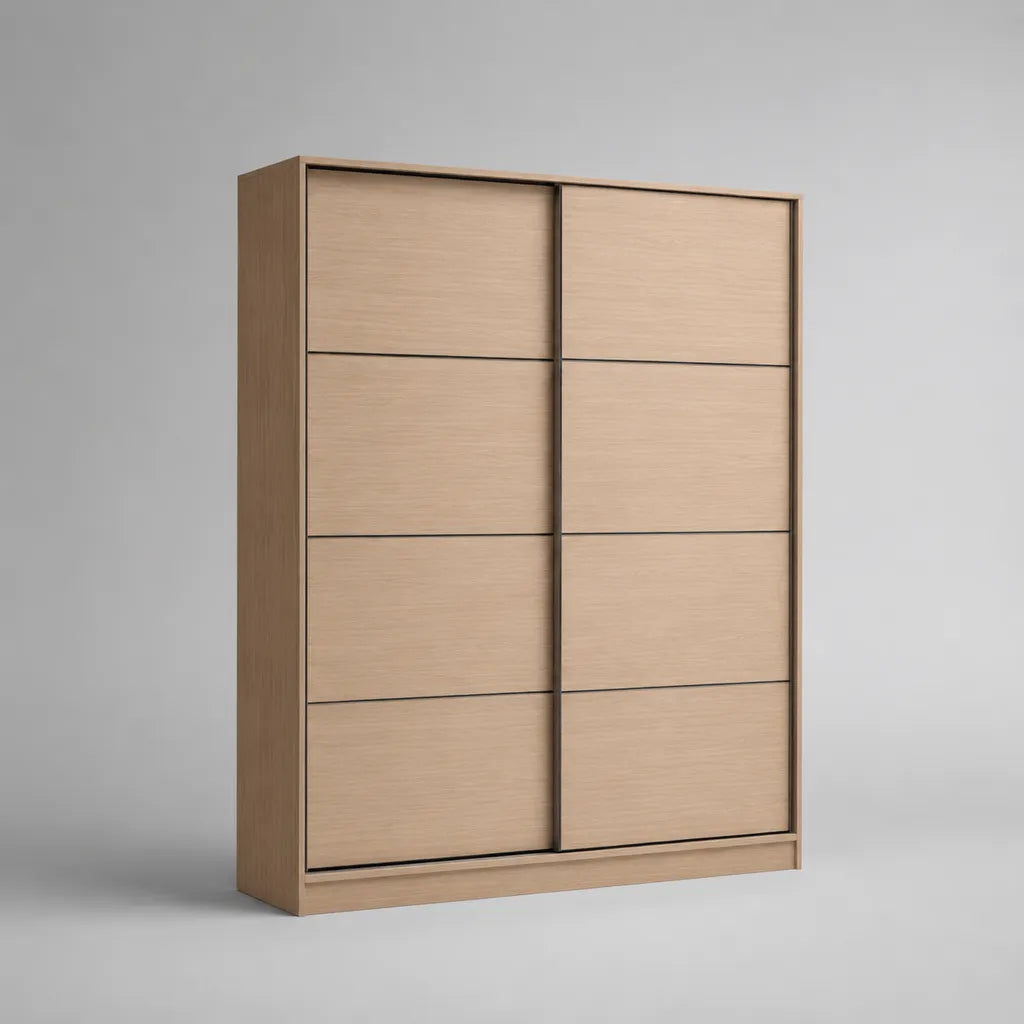 Kleiderschrank aus Spanplatte mit 2 Schiebetüren, helle Eiche/Schwarz, 180 × 60 × 220 cm