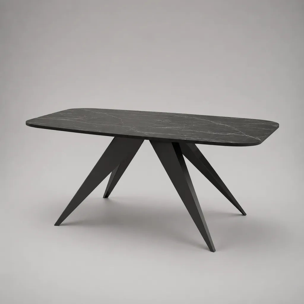 Rechteckiger Esstisch mit Keramikplatte und Stahlgestell, Schwarz/Grau/Weiß, 160 × 90 × 76 cm