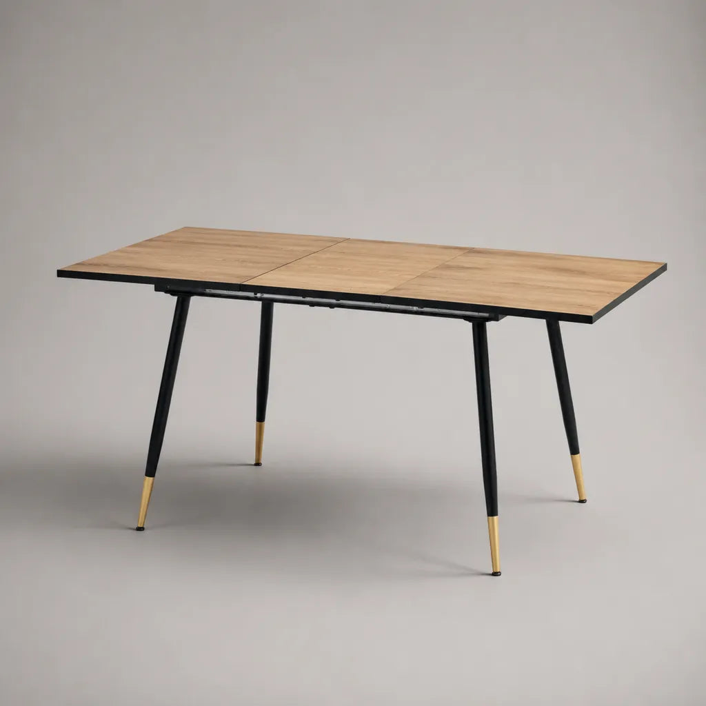 Ausziehbarer rechteckiger Esstisch aus MDF und Metall, Natur/Schwarz/Gold, 120–160 × 80 × 75 cm