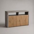 Sideboard aus Holz mit 4 Türen und 2 offenen Fächern, Eiche Natur, Betongrau und Anthrazit, 160 x 40 x 100 cm