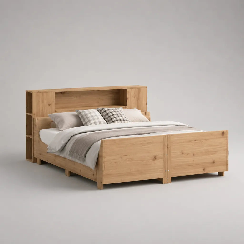 Doppelbett aus Massivholz mit Regal-Kopfteil, Liegefläche 180 × 200 cm, Naturholzbraun