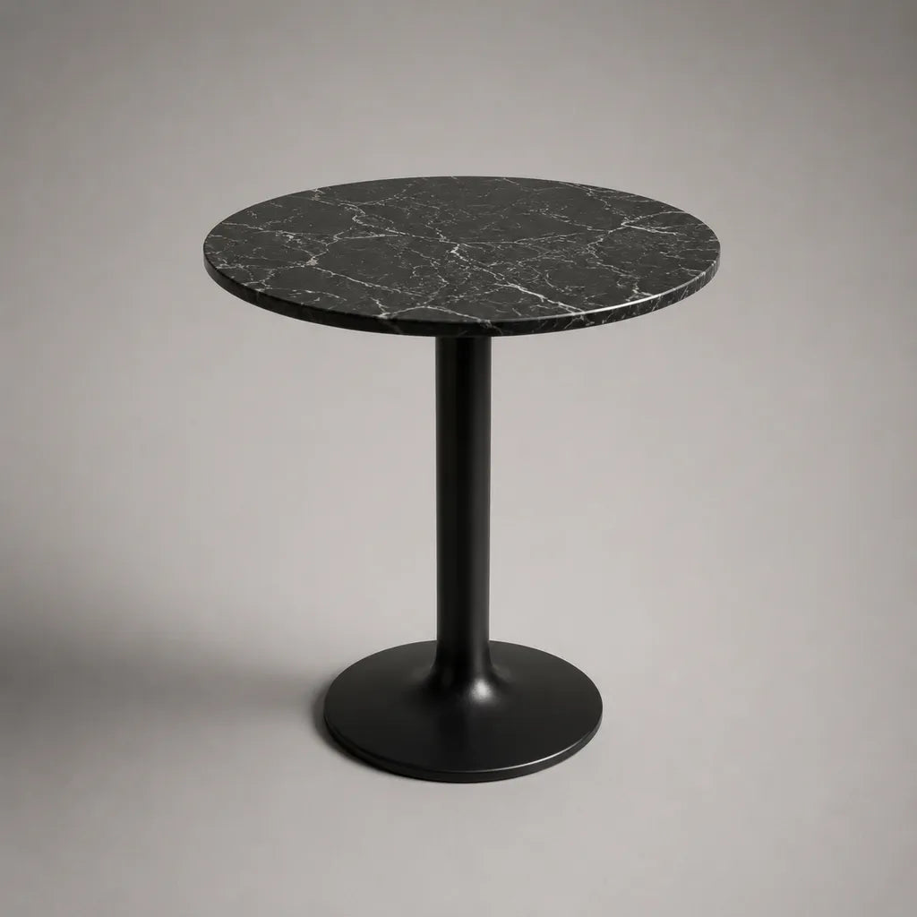 Runder Esstisch mit schwarzer Marmorplatte und Stahl-Säulenfuß, Ø 80 × H 75 cm, Schwarz/Weiß