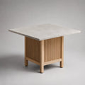 Quadratischer Esstisch mit Keramikplatte in Steinoptik und Massivholzgestell, Hellbeige/Eiche Natur, 80 × 80 × 75 cm
