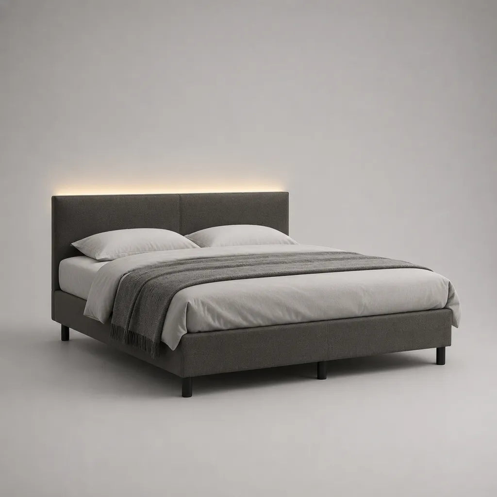 Polsterbett Doppelbett mit LED-Beleuchtung, Polyester und Metall, Dunkelgrau/Schwarz, Liegefläche 180 × 200 cm, Außenmaß 216 × 190 × 105 cm