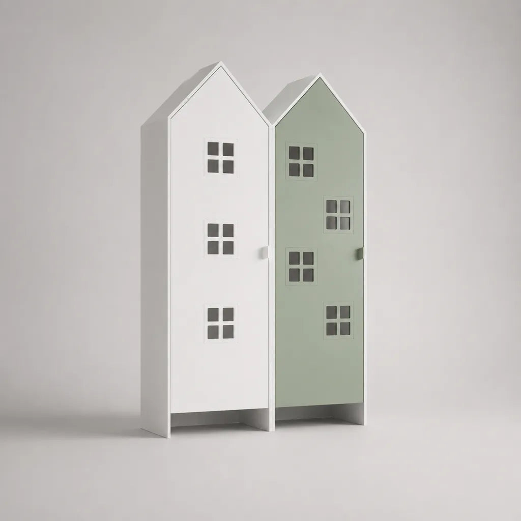 2-teiliges Kinderkleiderschrank-Set aus MDF in Hausform, Weiß und Salbeigrün, 100 × 40 × 180 cm