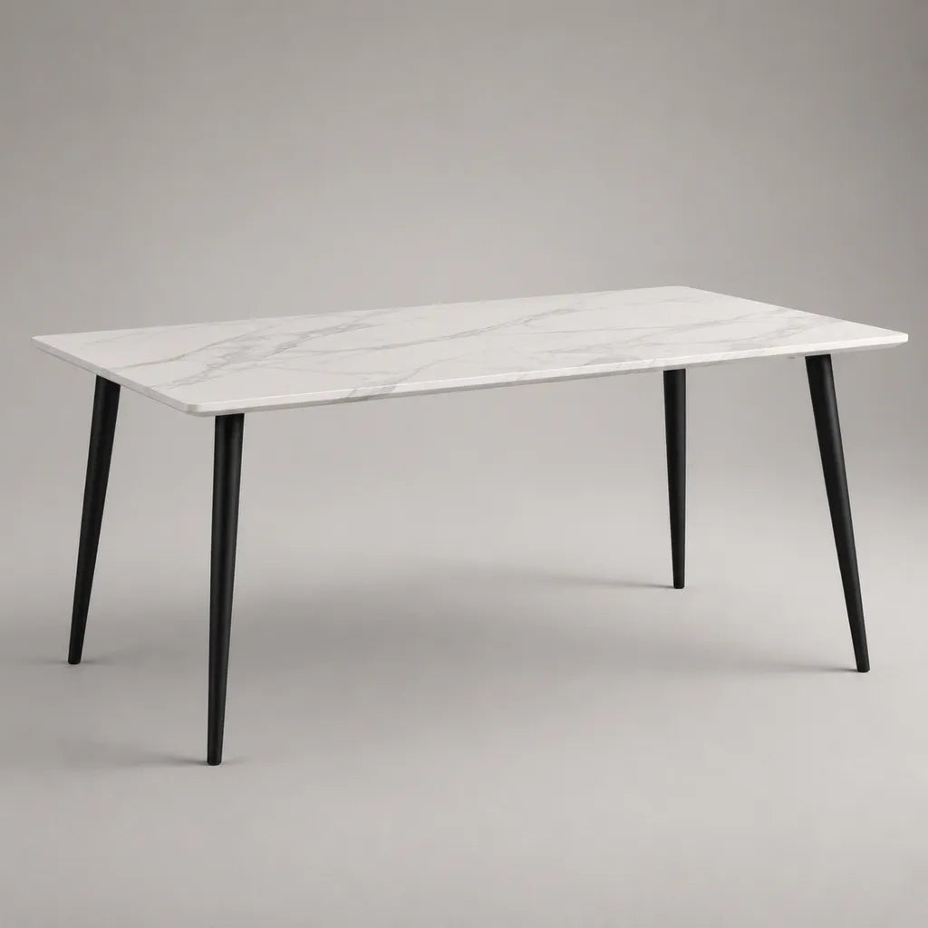 Rechteckiger Esstisch mit MDF-Platte in Marmoroptik und Stahlbeinen, Weiß/Grau/Schwarz, 140 × 80 × 75 cm