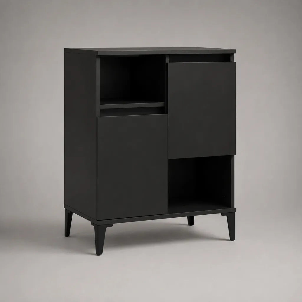 Sideboard mit 2 Türen und 2 offenen Fächern aus melaminbeschichteter Spanplatte und Stahl, Schwarz, 80 × 40 × 100 cm
